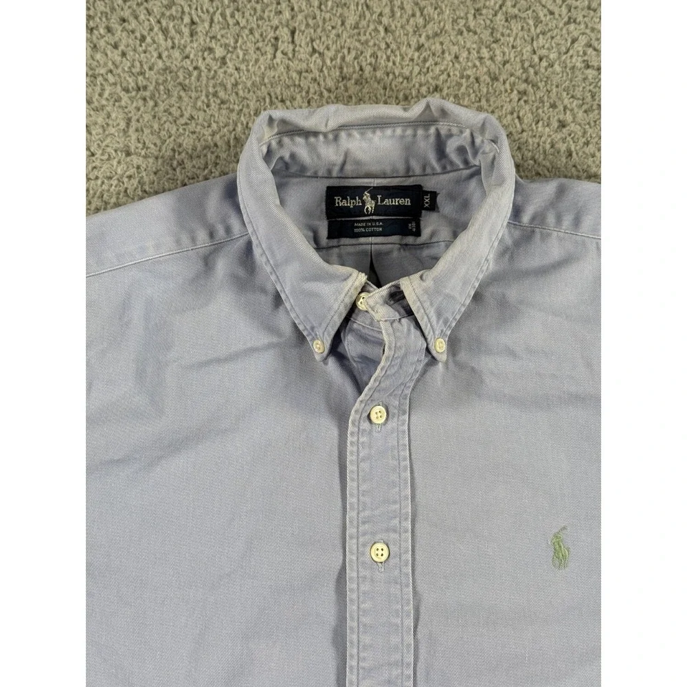 Vintage Ralph Lauren Shirt Mens 2XL Blue Denim Green Pony‎ Heavyweight Button Up
